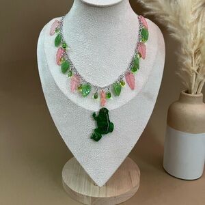 Green and Pink Leaf Necklace with Frog Pendant - Cute Whimsical Frog Necklace